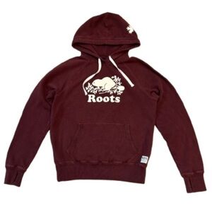 Roots Canada Classic Burgundy Hoodie with White Logo. Front Pocket & Thumb Holes